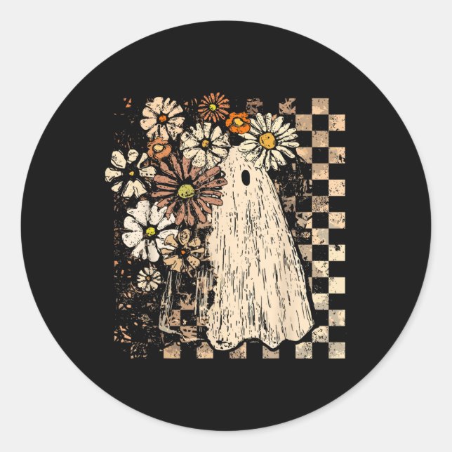 Pegatina Redonda Halloween Fall Ghost Pumpkin Boho Floral Spooky Se (Anverso)