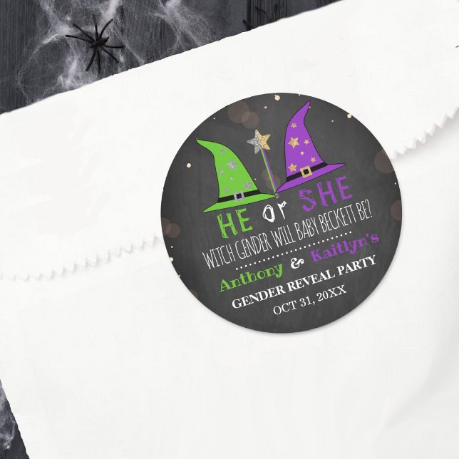 Pegatina Redonda Halloween Fiesta de revelación de género femenino (Subido por el creador)