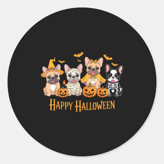 Pegatina Redonda Halloween French Bulldog Dogs Pumpkin Funny  (Anverso)