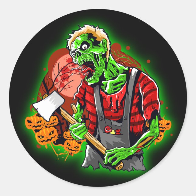 Pegatina Redonda Halloween Funny Green Zombie Ax sigue (Anverso)