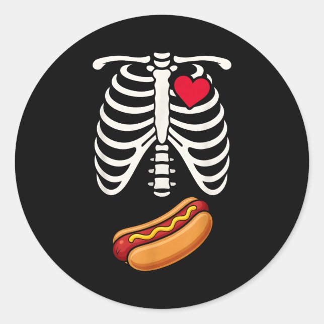 Pegatina Redonda Halloween Funny Skeleton Ribcage Hotdog Food Lover (Anverso)