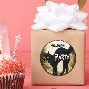Pegatina Redonda HALLOWEEN Gato Negro Mono Impreso Pergamino Quemad
