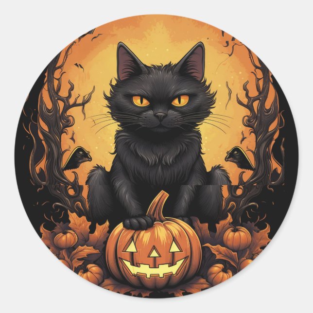 Pegatina Redonda Halloween | Gato negro y calabaza (Anverso)