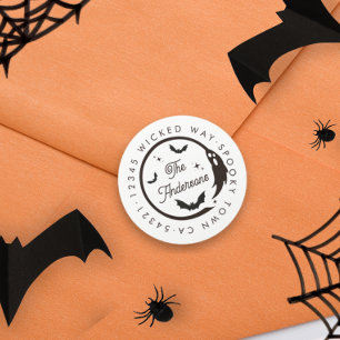 Pegatina Redonda Halloween Ghost Bats Spooki Return Address   Blanc