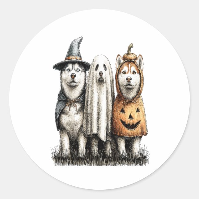 Pegatina Redonda Halloween Ghost Siberian Husky Dog (Anverso)