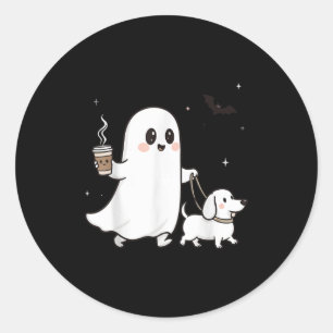 Pegatina Redonda Halloween Ghost Walking Dog Spooky Season Hallowee