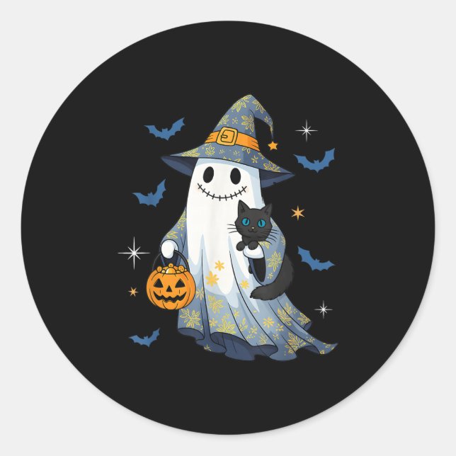 Pegatina Redonda Halloween Ghost Witch Holding Black Cat Funny Hall (Anverso)