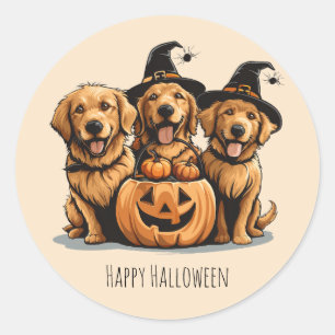 Pegatina Redonda Halloween Golden Retriever Perro Jack O Lantern