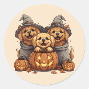 Pegatina Redonda Halloween Golden Retriever Perro Jack O Lantern