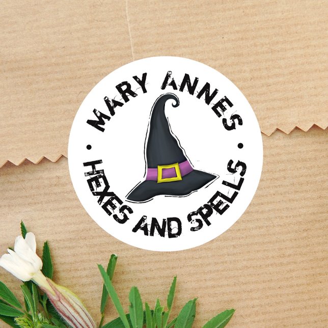 Pegatina Redonda Halloween Gorra de brujas lindo personalizado (Halloween witch custom sticker. )