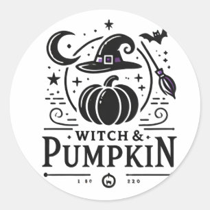 Pegatina Redonda Halloween Gorra de brujas y diseño de calabaza art