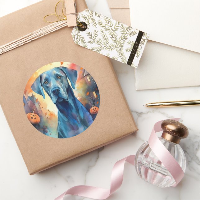 Pegatina Redonda Halloween Gran Dane Con Calabazas Temerosas (Regalar)