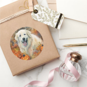 Pegatina Redonda Halloween Grandes Pirineos Con Calabazas Asustadas