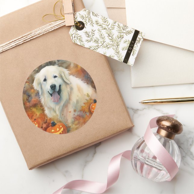 Pegatina Redonda Halloween Grandes Pirineos Con Calabazas Asustadas (Regalar)