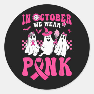 Pegatina Redonda Halloween Groovy Usa Cáncer de Mama Rosa Guerrero