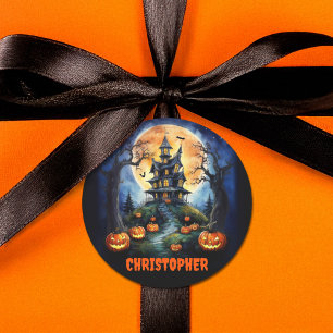 Pegatina Redonda Halloween Hauned House con nombre de calabazas