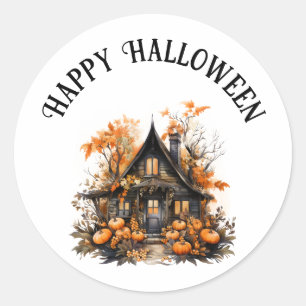 Pegatina Redonda Halloween Haunted House con calabazas y follaje