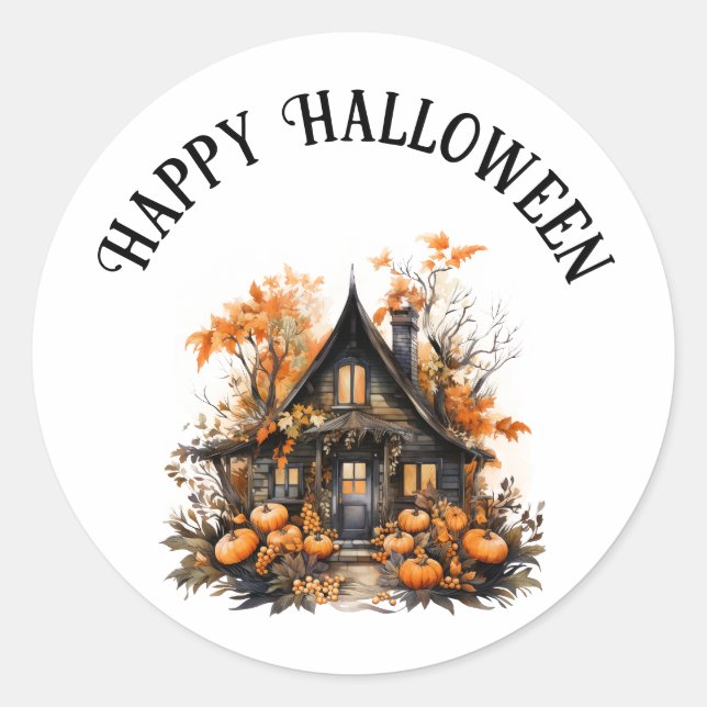 Pegatina Redonda Halloween Haunted House con calabazas y follaje (Anverso)
