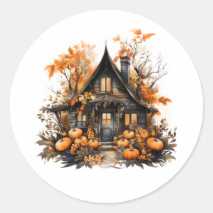 Pegatina Redonda Halloween Haunted House con calabazas y follaje