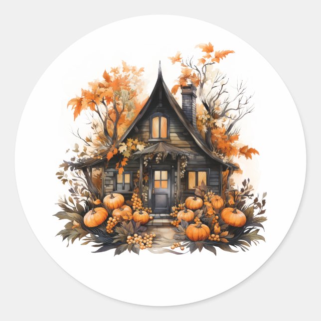 Pegatina Redonda Halloween Haunted House con calabazas y follaje (Anverso)