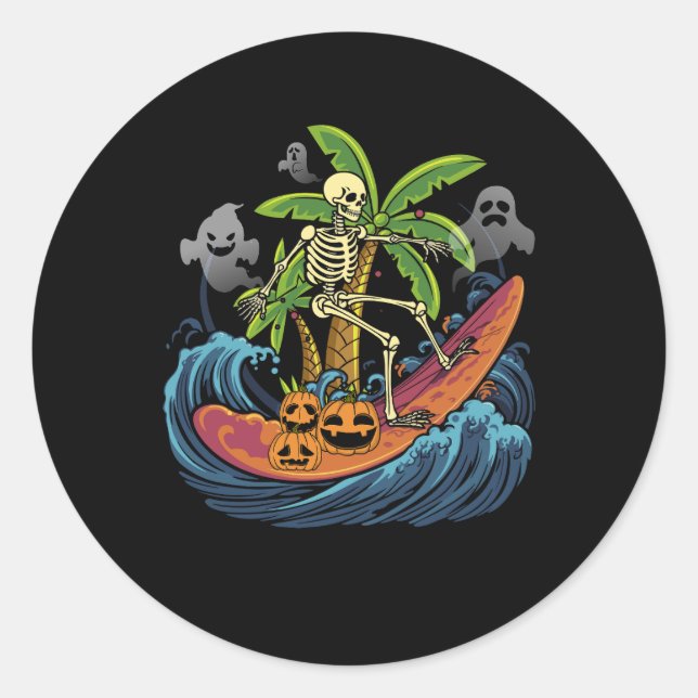 Pegatina Redonda Halloween Hawaii Surf Skeleton Pumpkin Surfing (Anverso)