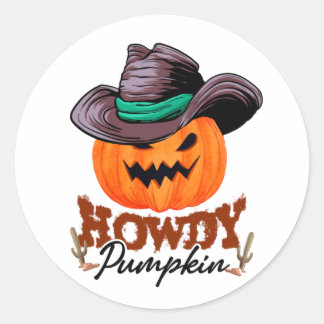 Pegatina Redonda Halloween Howdy Pumpkin Cowboy Birthday