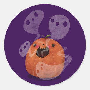 Pegatina Redonda Halloween inquietante con fantasmas de calabaza
