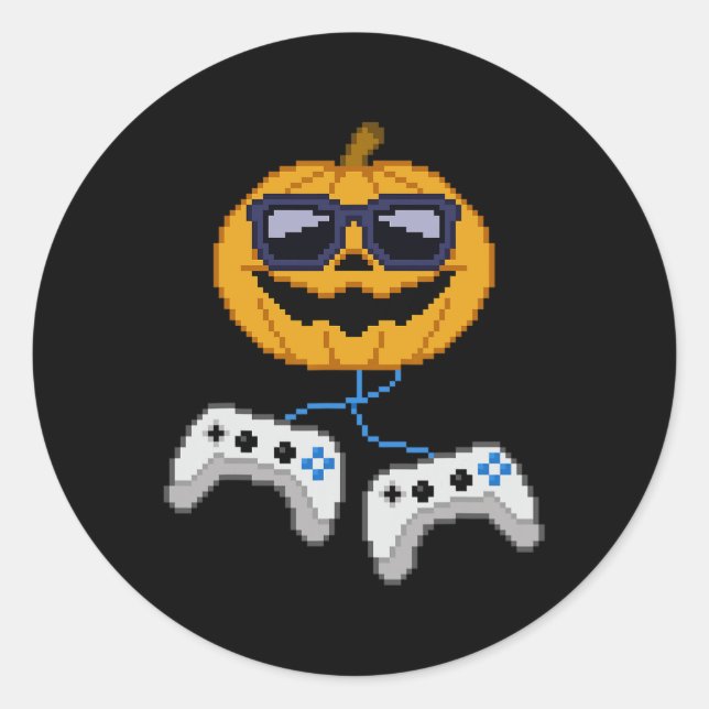 Pegatina Redonda Halloween Jack O Lantern Pixelated Gaming Gamer Bo (Anverso)