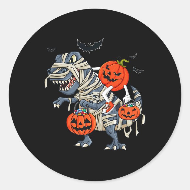 Pegatina Redonda Halloween Jack O Lantern Riding T Rex Boys Chicas  (Anverso)