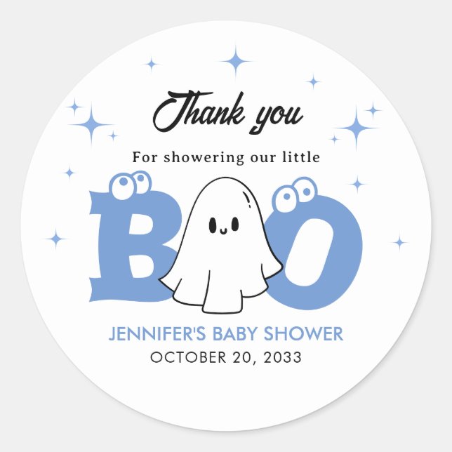 Pegatina Redonda Halloween Little Boo Boy Baby Shower Gracias (Anverso)