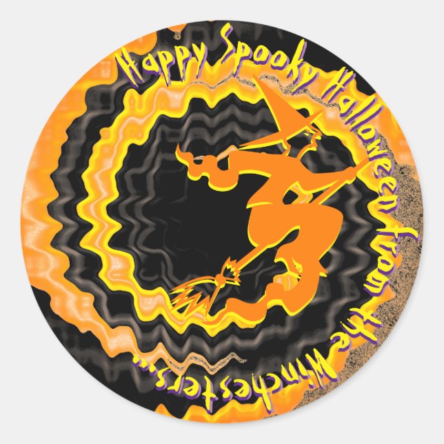 Pegatina Redonda Halloween magia de bruja voladora negra texto de h (Anverso)