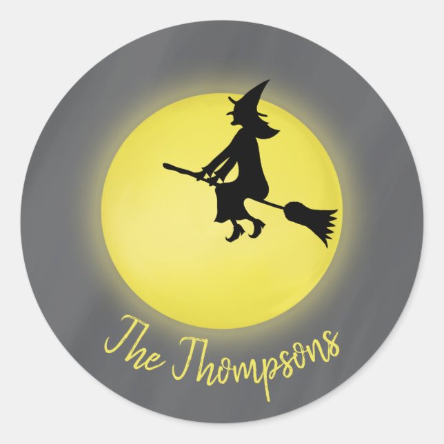 Pegatina Redonda Halloween Moderno Whimsical Witch Broomstick (Anverso)
