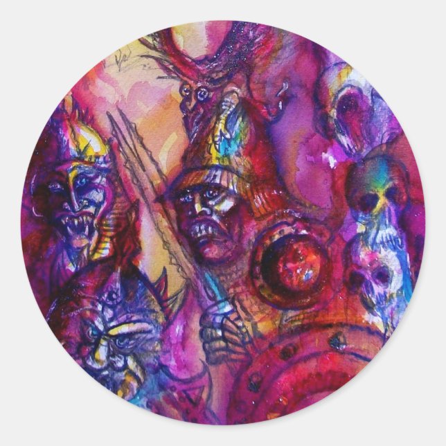 Pegatina Redonda HALLOWEEN MONSTERS / Fantasía Púrpura Roja DE LA G (Anverso)