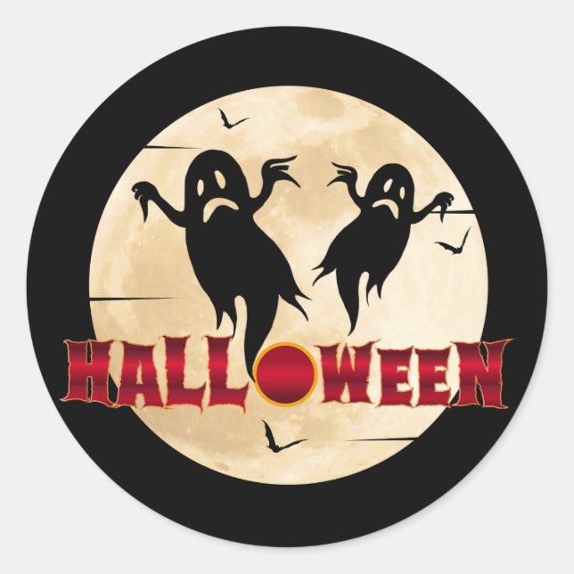 Pegatina Redonda Halloween Moon Silhouette Ghosts Bats (Anverso)