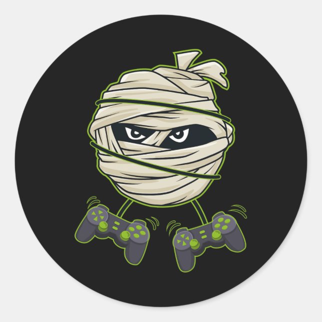 Pegatina Redonda Halloween Mummy Video Gamer Controla a niños (Anverso)