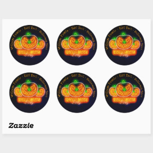 Pegatina Redonda Halloween Nombre Año 20xx Neon Glow Look Pumpkin