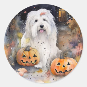 Pegatina Redonda Halloween Old English Sheepdog con calabazas Espan