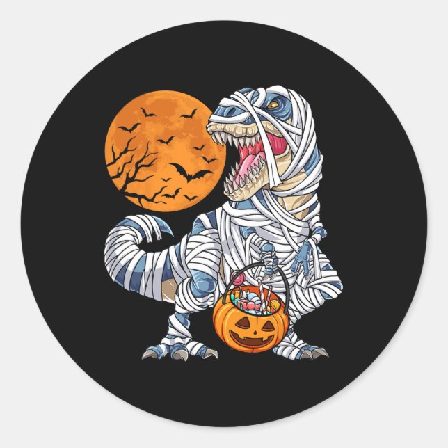 Pegatina Redonda Halloween Para Los Niños Dinosaurios T Rex Mummy P (Anverso)