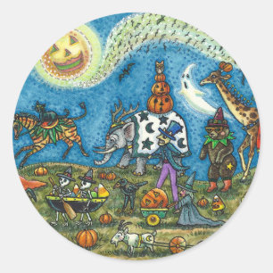 Pegatina Redonda HALLOWEEN PARADE Witch Giraffe Bear Zebra Skellis