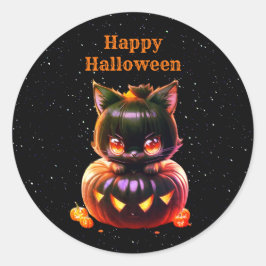 Pegatina Redonda Halloween Party Black Cat Pumpkin Horror