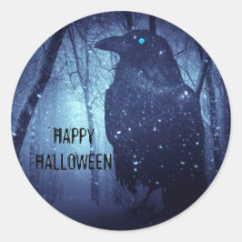 Pegatina Redonda Halloween Party Black Raven Crow Blue Forest