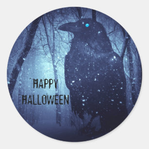 Pegatina Redonda Halloween Party Black Raven Crow Blue Forest