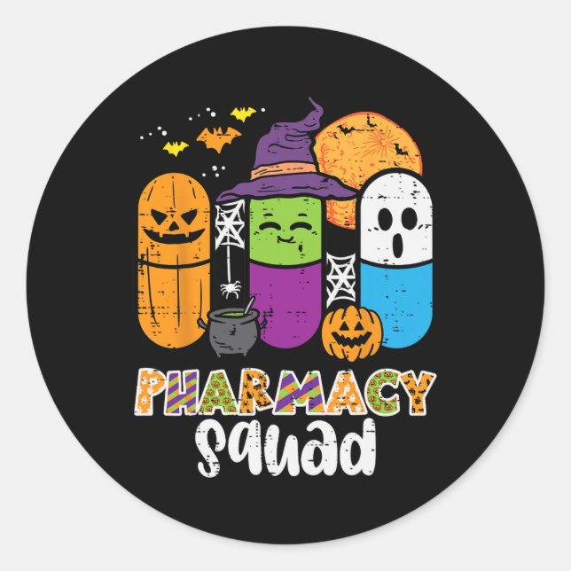 Pegatina Redonda Halloween Pharmacy Squad PIlls Farmacéutico (Anverso)