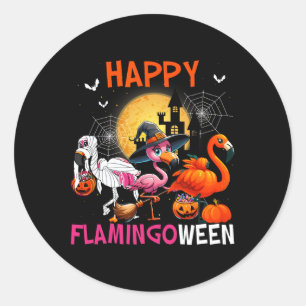 Pegatina Redonda Halloween Pink Flamingo Costume Skeleton Bruja