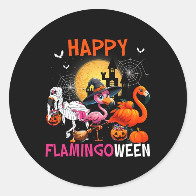 Pegatina Redonda Halloween Pink Flamingo Costume Skeleton Bruja (Anverso)