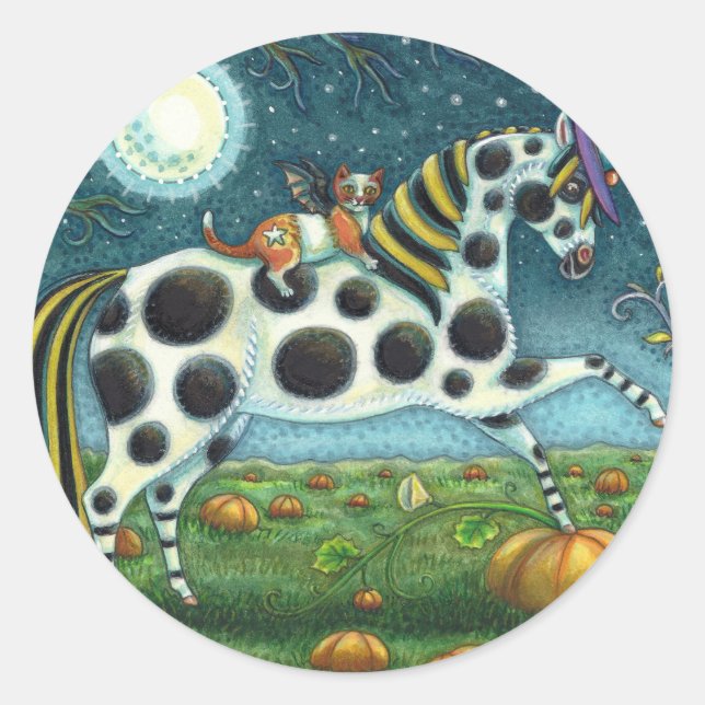Pegatina Redonda HALLOWEEN PONY Y BAT CAT Whimsical Horse (Anverso)