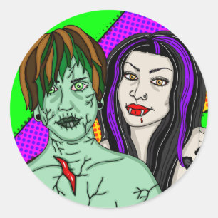 Pegatina Redonda Halloween   Pop Art zombie Vampire