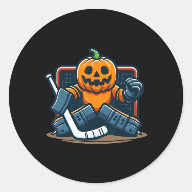 Pegatina Redonda Halloween Pumpkin Ice Hockey Goalie  (Anverso)