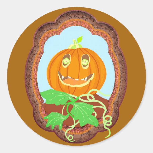 Pegatina Redonda Halloween pumpkin smiling whimsical and spooky (Anverso)