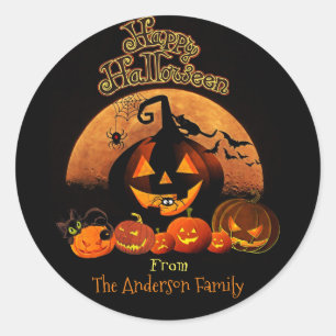 Pegatina Redonda Halloween: Pumpkins felices de Halloween